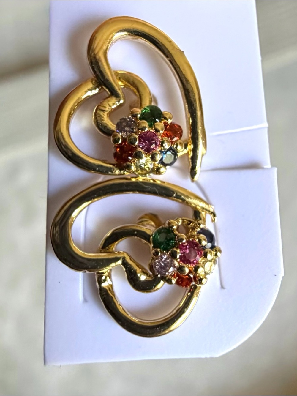 Gold-Tone Heart Cluster Earrings with Multicolor Stones